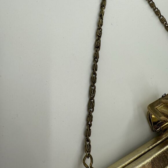 Vintage Unbranded Gold Metallic Shiny Clutch Bag Evening Formal Buckle Satin - Picture 10 of 10